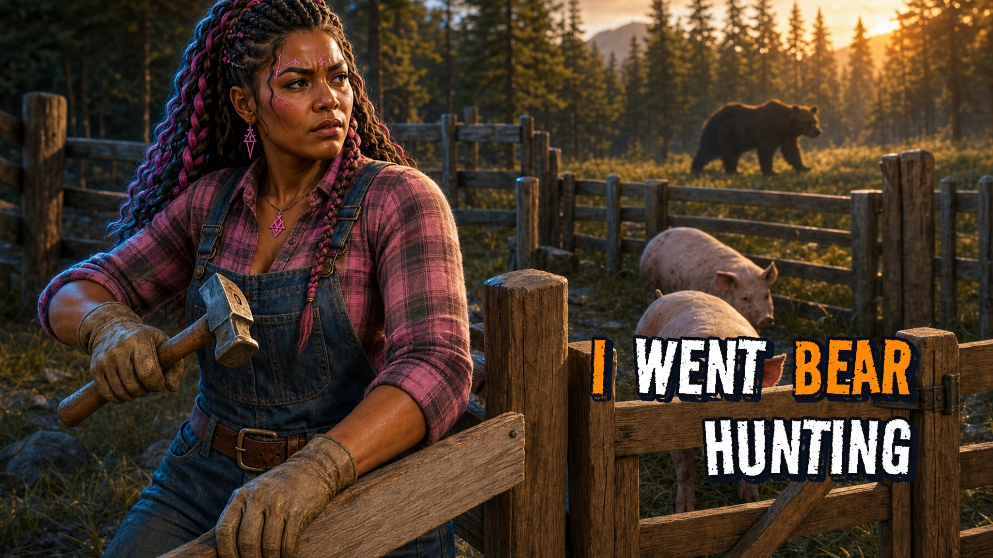 I Went Bear Hunting — a character beside a farm fence with a bear in the background